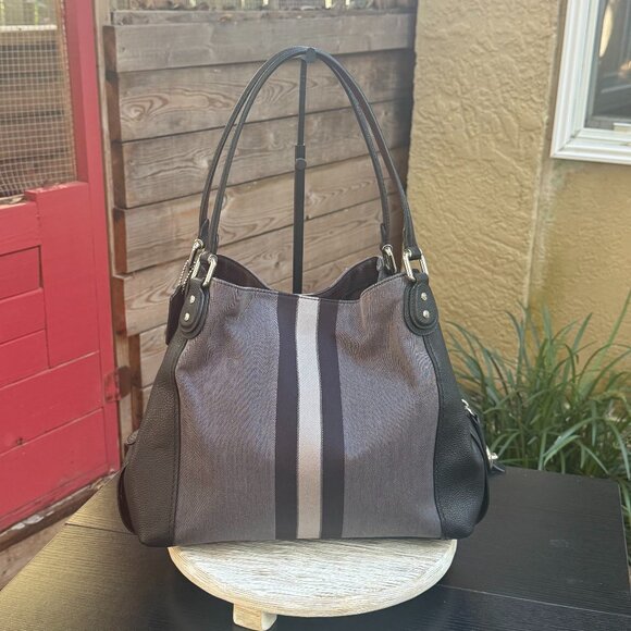 COACH EDIE 31 HORSE AND CARRIAGE JACQUARD CANVAS LEATHER SHOULDER BAG BLACK GREY - Picture 2 of 15